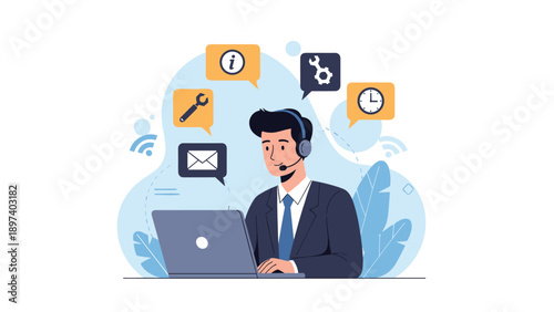 Male customer service representative with a headset working on a laptop surrounded by various technical support icons.