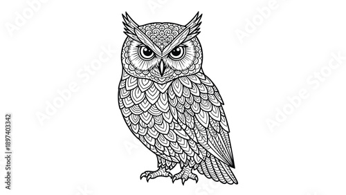 Intricate zentangle line art of an owl with detailed feathers and patterns for adult coloring books and artistic designs.