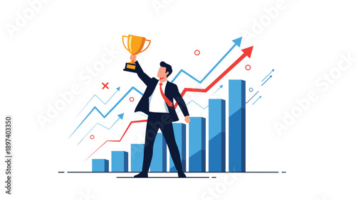 Triumphant businessman holding a gold trophy high in front of rising success charts and data graphs for achievement themes.