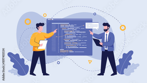 Two software developers looking at complex code on a blue screen illustrates collaboration, technical problem solving, and modern programming.
