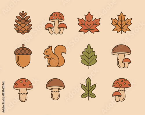 Autumn season nature elements collection featuring squirrel pinecone mushrooms acorns and maple leaves in warm earthy colors flat style