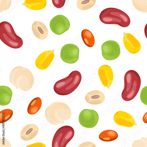 Seamless pattern with corn seeds, red beans, soy, green peas, lentil and chickpea. Seed and legume background. Vector flat cartoon illustration. 