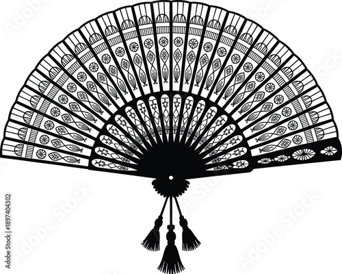 Decorative hand fan silhouette with intricate floral pattern and tassels isolated on white background for elegant vintage design illustration