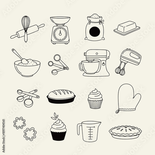 Hand drawn line art icon collection of kitchen baking tools including mixer rolling pin scale whisk bowl measuring cups and pastry equipment