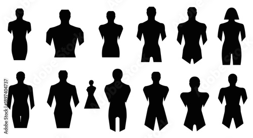 Collection of diverse human silhouette figures, showcasing various body types and gender representations, ideal for graphic design and concept visualization