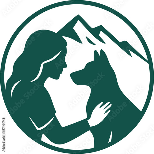 illustration of a woman with her dog outdoors, green