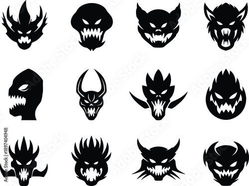 Collection of scary monster silhouettes and demonic creature heads in black vector style for halloween horror design and gaming mascot logos.