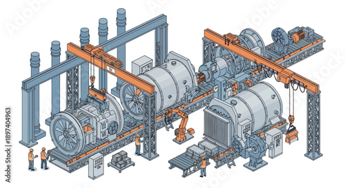 Isometric illustration of a large-scale industrial manufacturing process involving heavy machinery and assembly lines.