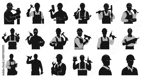 Collection of essential worker silhouettes, portraying skilled tradesmen holding diverse tools, ideal for construction, repair, and industrial graphic design needs