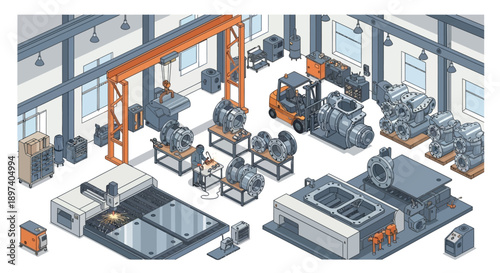 Isometric view of a modern factory floor with machinery, a forklift, and a laser cutter in operation.