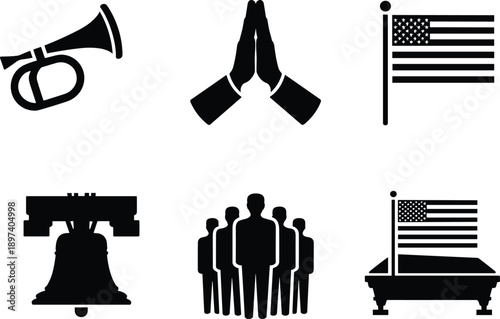 Patriotic icons silhouette set featuring American flag liberty bell praying hands crowd and announcement symbols for national civic freedom concepts