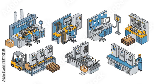 Isometric illustration of a modern factory assembly line with workers and machinery, showcasing production processes.