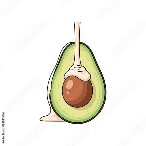 An illustration of a halved avocado with a brown pit and green skin.