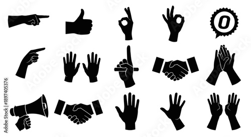 Black silhouette hand gestures and communication icons. Includes pointing, thumbs up, OK, applause, handshake, and megaphone. Perfect for graphic design