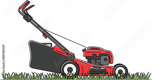 Red lawn mower illustration cutting green grass showing gardening equipment landscaping tool outdoor yard maintenance isolated on white background vector