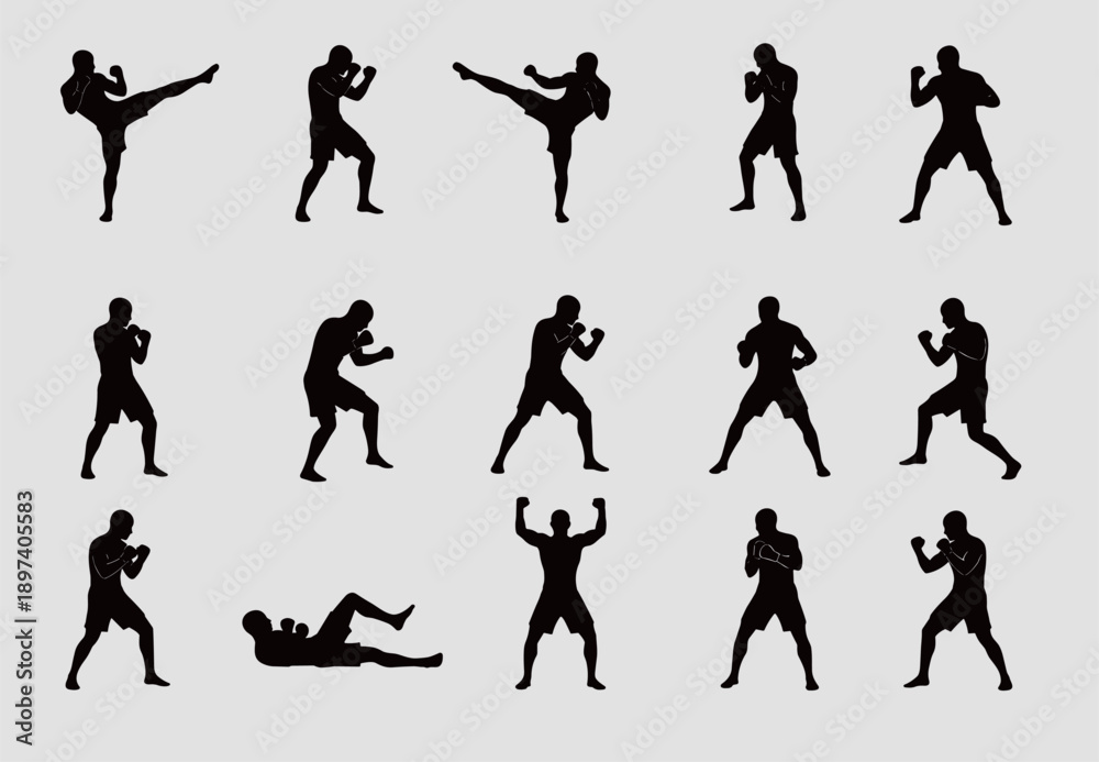Fototapeta premium Professional mixed martial arts and boxing silhouettes showing various fighting poses kicks and punches isolated on grey background vector