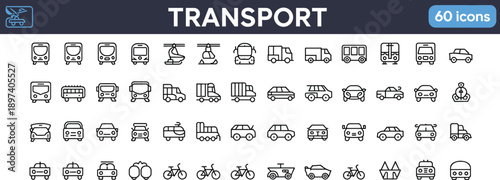 Transport icons outline set of sixty featuring vehicles public transit logistics and travel symbols for ui ux web and infographic design