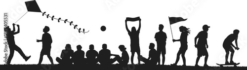 Black silhouette illustration of children playing outdoors with kite, skateboard, ball, and flags, symbolizing leisure, friendship, fun, and social interaction in park activities.