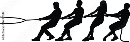 Black silhouette illustration of four people engaged in tug-of-war, pulling rope together, symbolizing teamwork, strength, cooperation, and competition in sports and group activities.