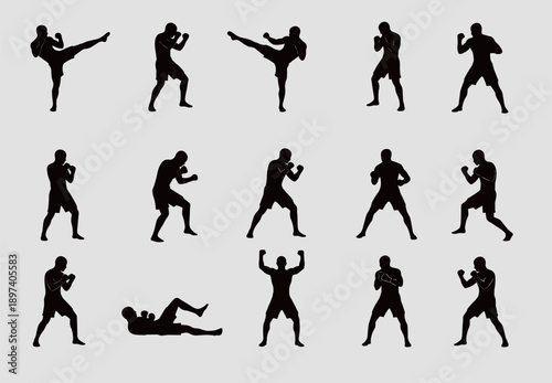 Professional mixed martial arts and boxing silhouettes showing various fighting poses kicks and punches isolated on grey background vector
