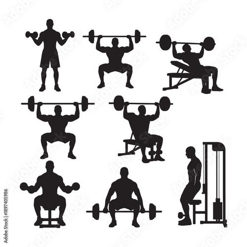 Set of bodybuilder silhouettes performing weightlifting gym workout exercises vector illustration.