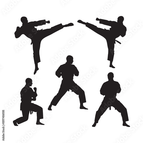 Black silhouettes of martial arts fighters performing high kicks and stances vector illustration.