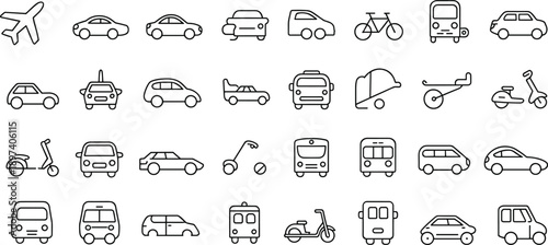 Transportation icons outline set featuring cars buses bicycles scooters airplanes and urban mobility symbols for navigation apps ui and infographic design