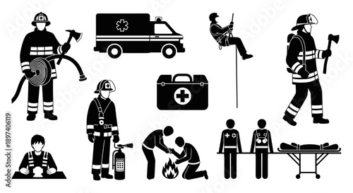 Essential black and white vector icons depicting diverse emergency services; showcasing firefighters, paramedics, and rescue teams providing critical aid and ensuring public safety