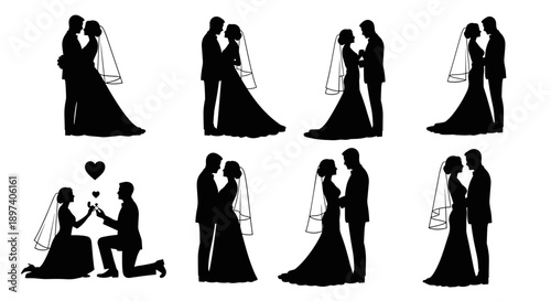 Collection of wedding silhouettes featuring bride and groom in various romantic poses, symbolizing love and commitment