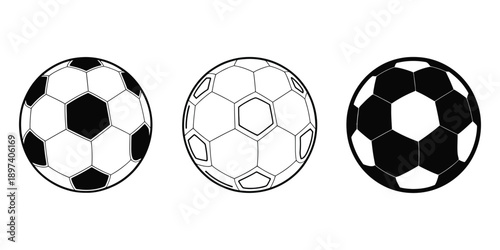 Soccer balls in varying styles on clean white backdrop, vector art illustration of football designs.