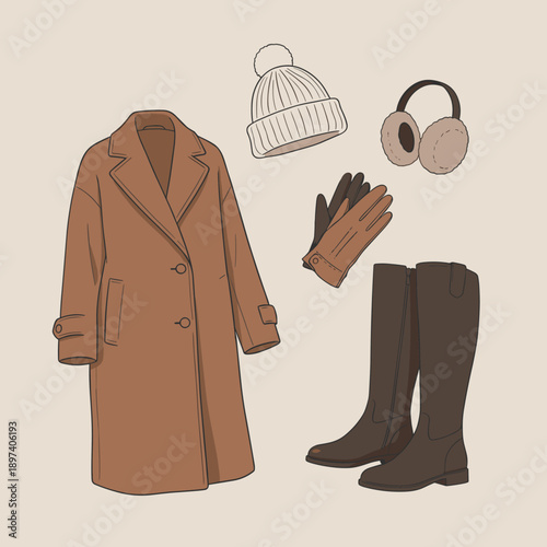 Winter Fashion Accessories Collection, Brown Wool Coat with Leather Gloves Boots Beanie and Earmuffs for Cold Weather Styling and Apparel