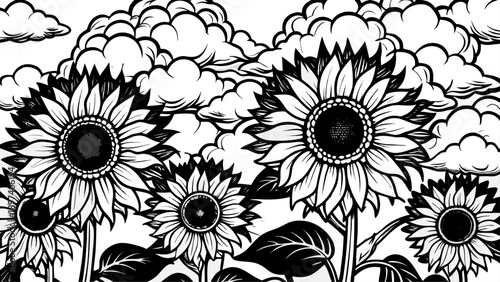 Very beautiful vibrant sunflowers in full bloom stand boldly beneath a dramatic cloudy sky, creating a powerful contrast between golden petals and moody atmospheric conditions.