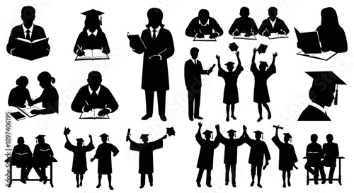 Diverse academic silhouettes capturing students engaged in learning, dedicated professors guiding, and joyful graduates celebrating their achievements and future success