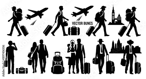 Dynamic black silhouettes of travelers with luggage and airplanes, depicting global journeys and vacation concepts for modern tourism adventures and explorations