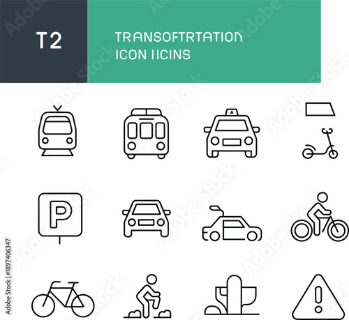 Transportation icons outline set featuring vehicles parking bicycle scooter and warning symbols for navigation apps ui and infographic design