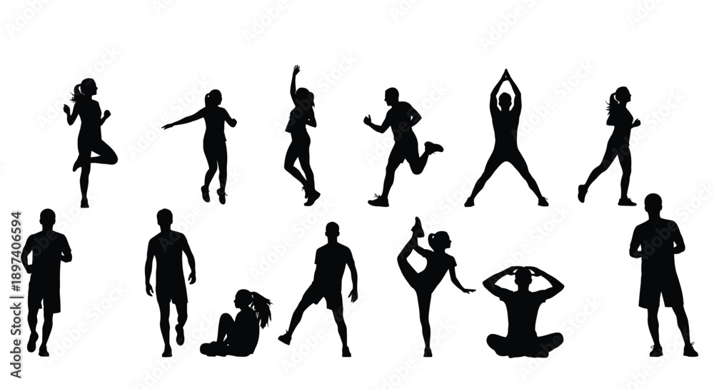 Obraz premium Collection of diverse male and female silhouettes engaging in various dynamic fitness and exercise poses