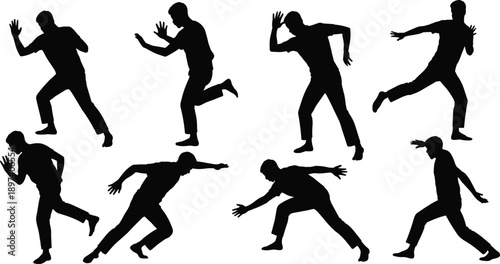 Set of seven dynamic black silhouette illustrations of people running in various action poses, symbolizing speed, motion, athleticism, and energy for design, sports, and creative projects.