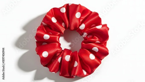 Vibrant red polka dot scrunchie on white background