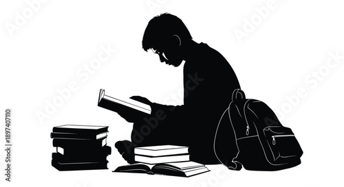Silhouette of a focused student deeply engrossed in reading multiple books beside a backpack