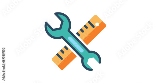 Adjustable wrench and ruler crossed over white background.