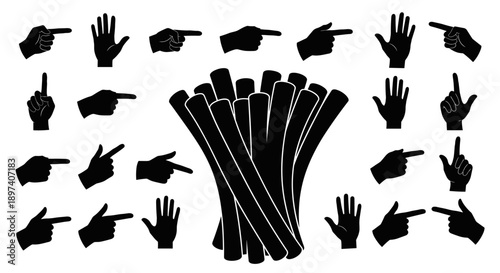 Black vector hands showing pointing and counting gestures, surrounding a central symbolic bundle, representing guidance, selection, and unity
