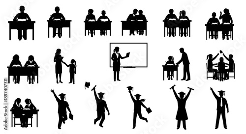 Visual narrative of the educational journey, from classroom learning and teacher guidance to student achievement and graduation, symbolizing academic growth and development