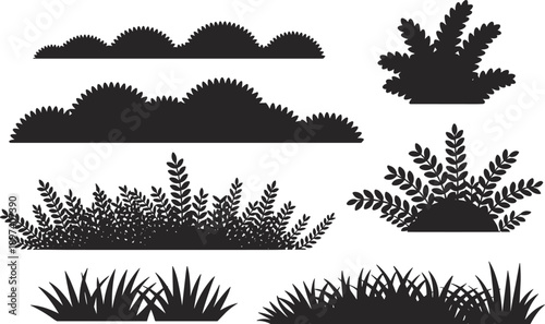 Black plant, bush and grass silhouette collection isolated on white background for landscaping design, botanical decoration, nature illustration and minimalist outdoor graphic elements