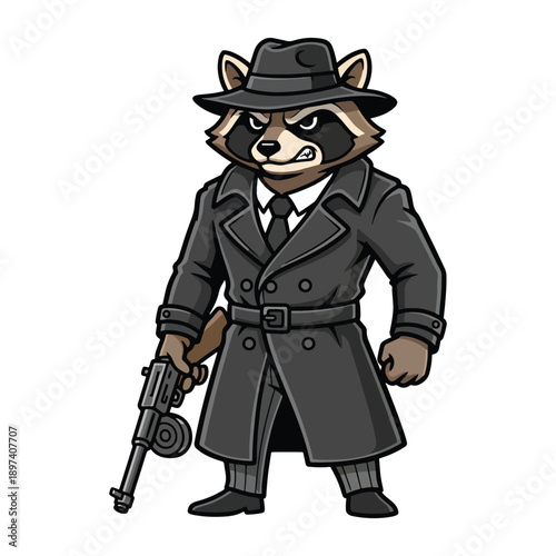 Tough raccoon gangster character wearing trench coat holding machine gun vector illustration.