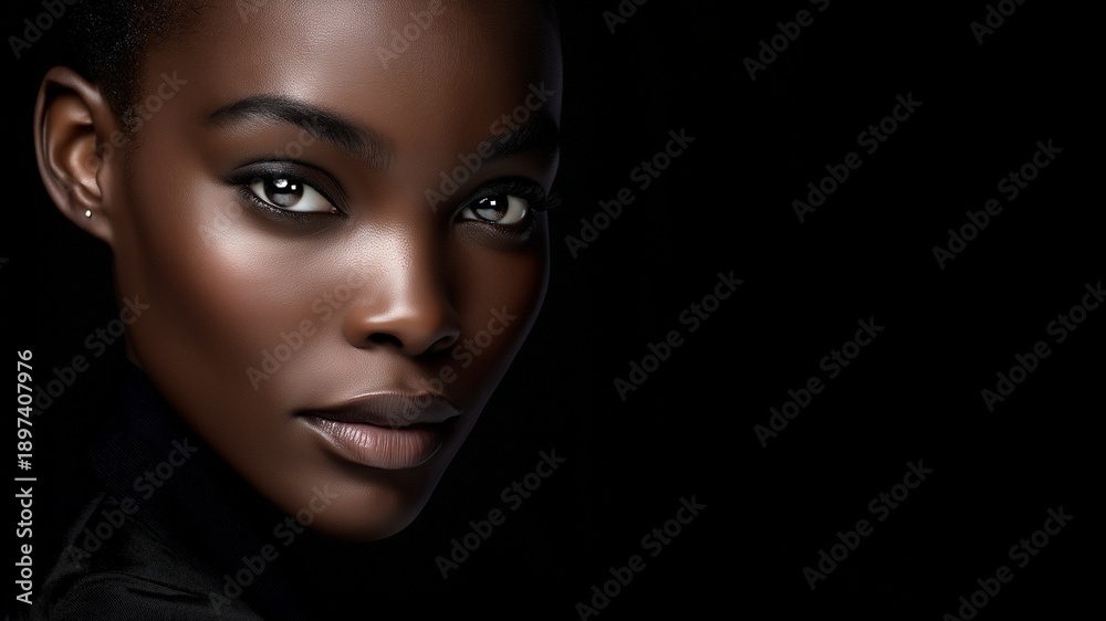 Fototapeta premium Nahaufnahme einer eleganten Afroamerikanischen Frau mit dunkler Haut und intensivem Blick vor dunklem Hintergrund mit dramatischer Beleuchtung