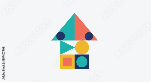 Free Download Geometric house shape vector illustration with colorful triangles, circles, and squares, abstract building icon isolated on white - GFXLoad