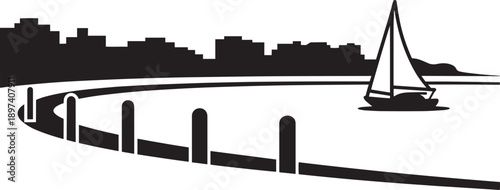 City seascape with sailboat near urban waterfront and curved promenade path