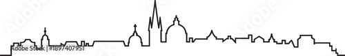 City skyline silhouette outline, depicting architectural landmarks and urban landscape