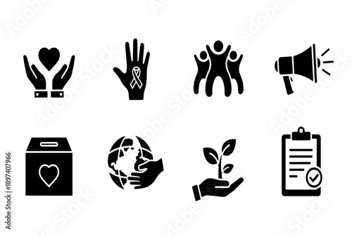 Collection of black glyph icons for charity, volunteering, community support, and environmental care.