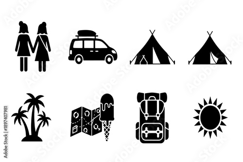 Collection of 8 minimalist solid black vector icons for travel, vacation, and summer holidays